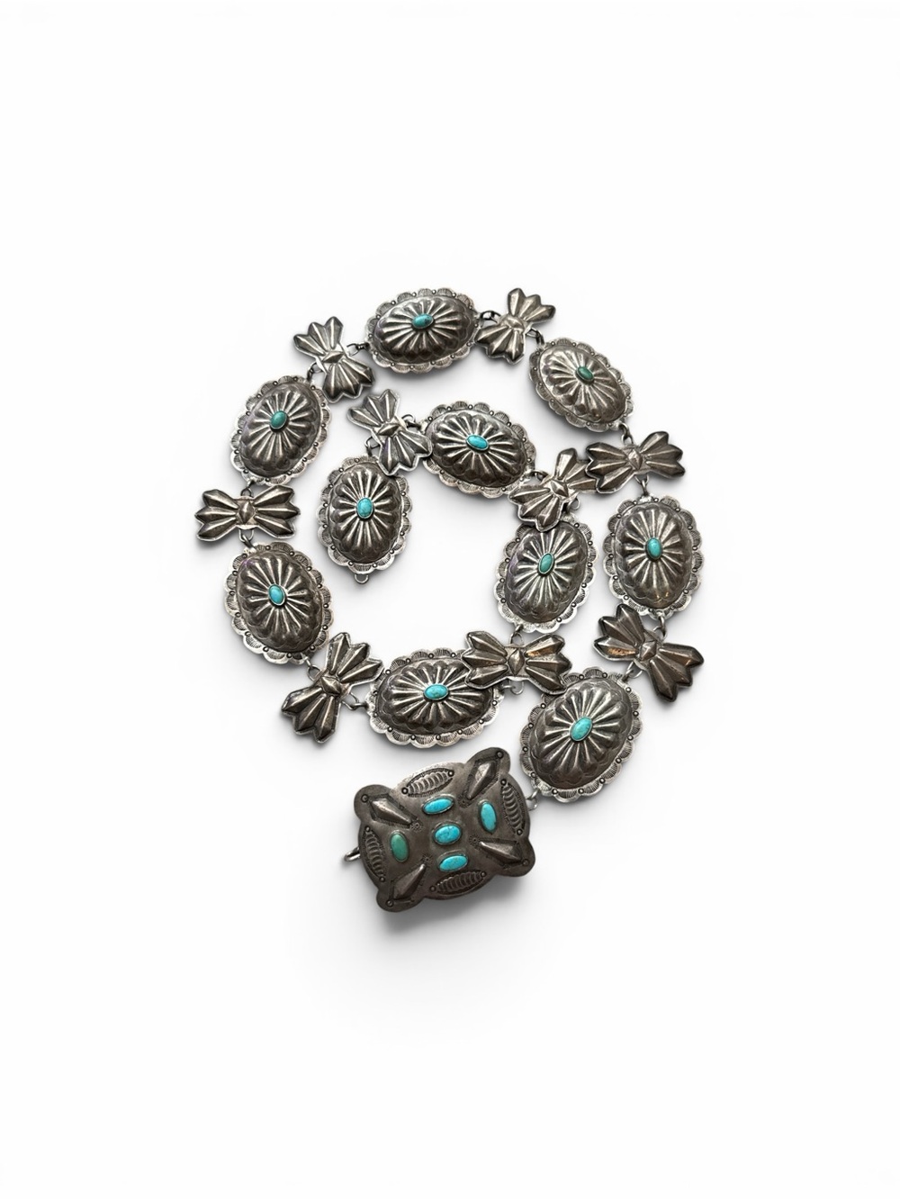 Vintage Fred Harvey Era Sterling Silver Navajo Natural Turquoise Concho Belt 35”